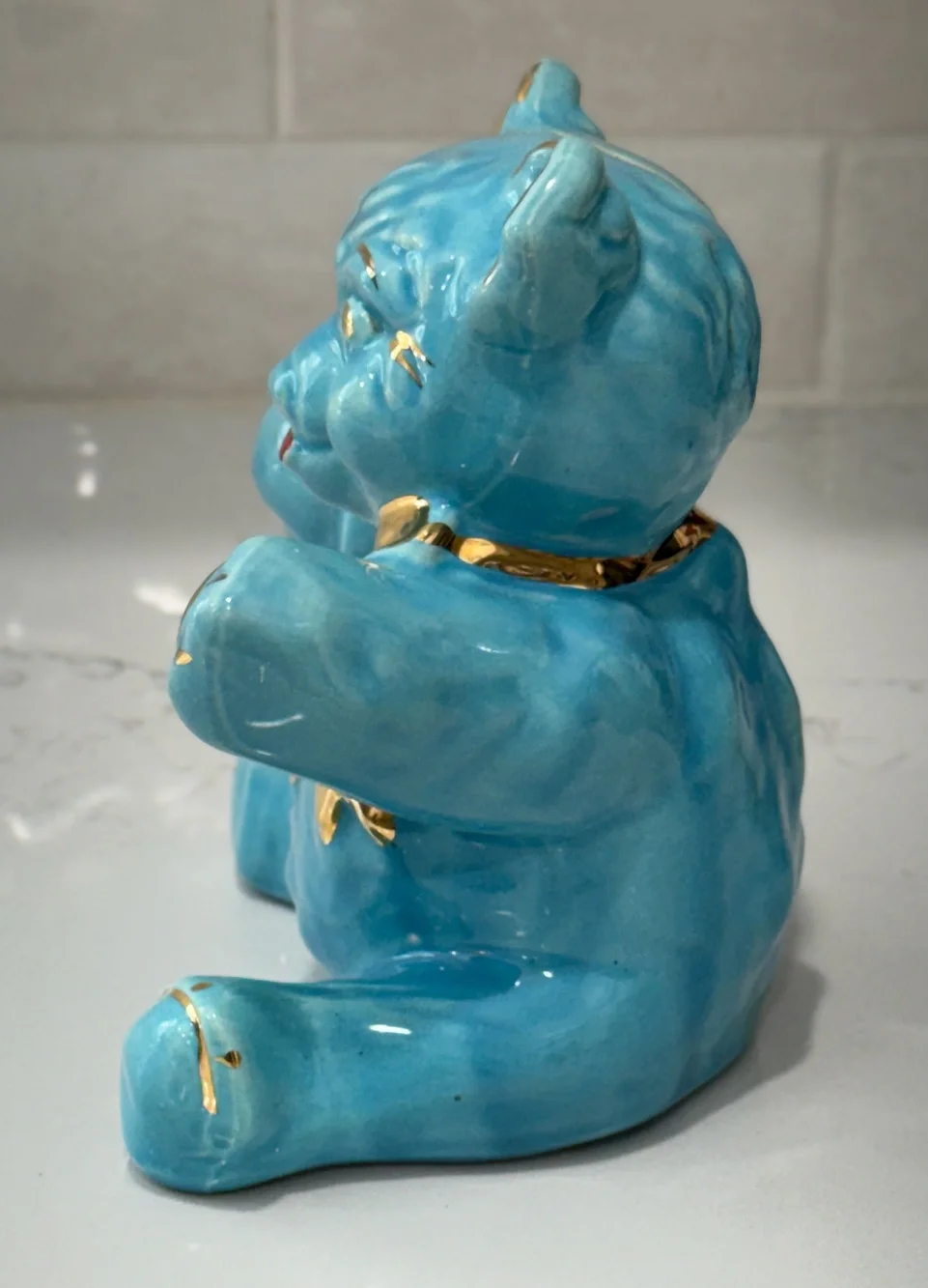 Vintage '40's Pearl China Turquoise Blue Ceramic Teddy Bear Piggy Bank Gold Bow
